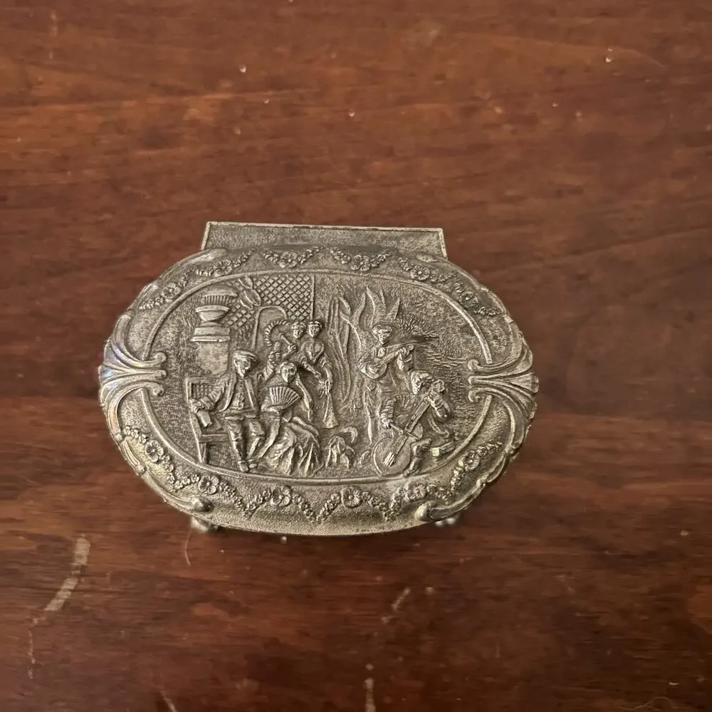 VTG English Silver Tone Jewelry Box Footed Lined Ornate Courting Patina Raised